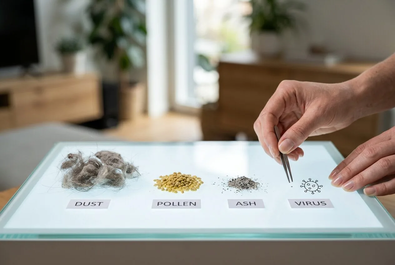 A size comparison of common airborne particles including dust, pollen, and fine ash.