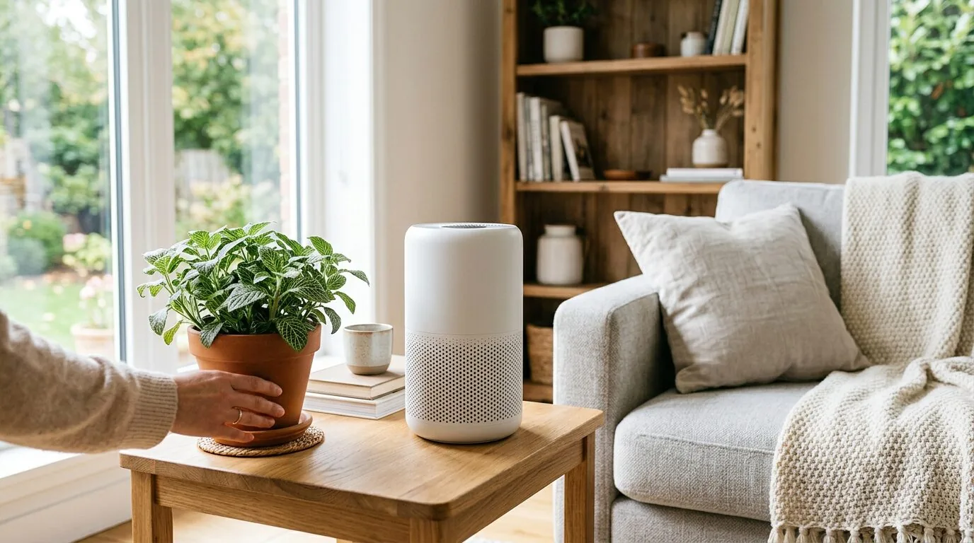 A sleek air purifier in a clean, well-lit living room, representing effective household odor control.