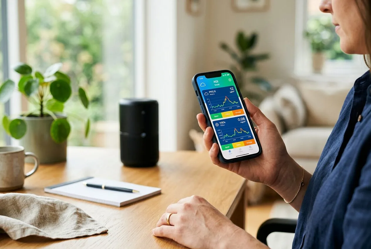 A smartphone screen showing real-time indoor air quality data from a connected monitor.