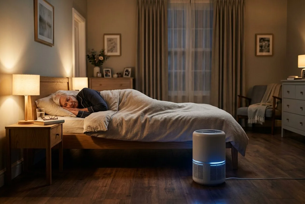 A tranquil bedroom scene at night featuring a sleeping senior and a quiet air purifier running on night mode.