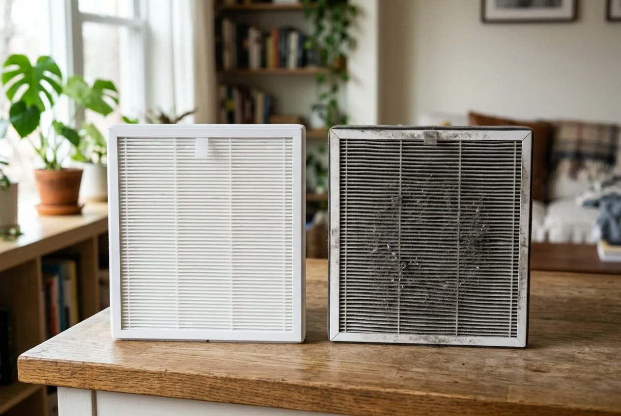 A visual comparison between a brand new HEPA filter and a used, dirty one.