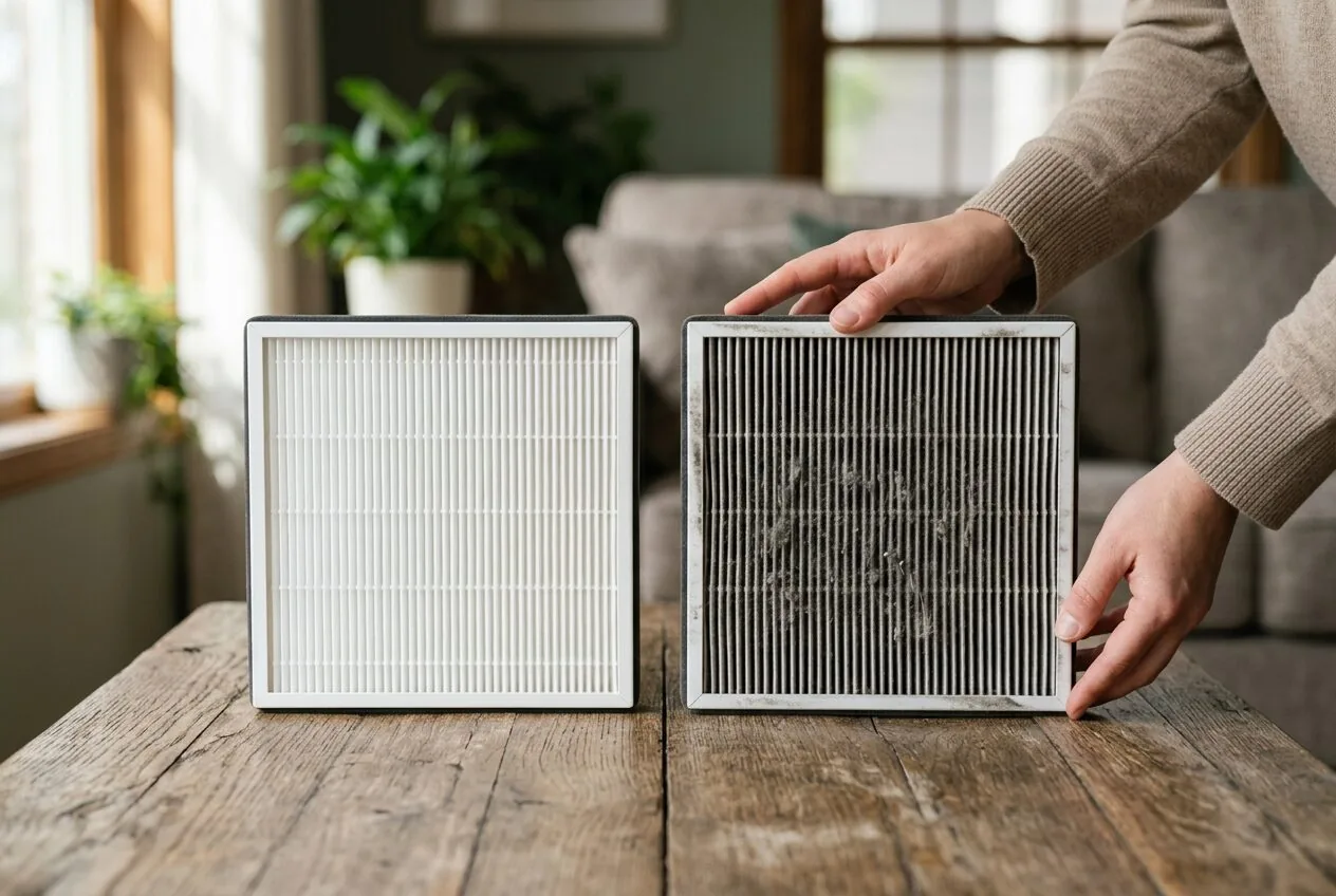 A visual comparison of a clean HEPA filter versus a dirty one, showing how filter condition impacts performance.