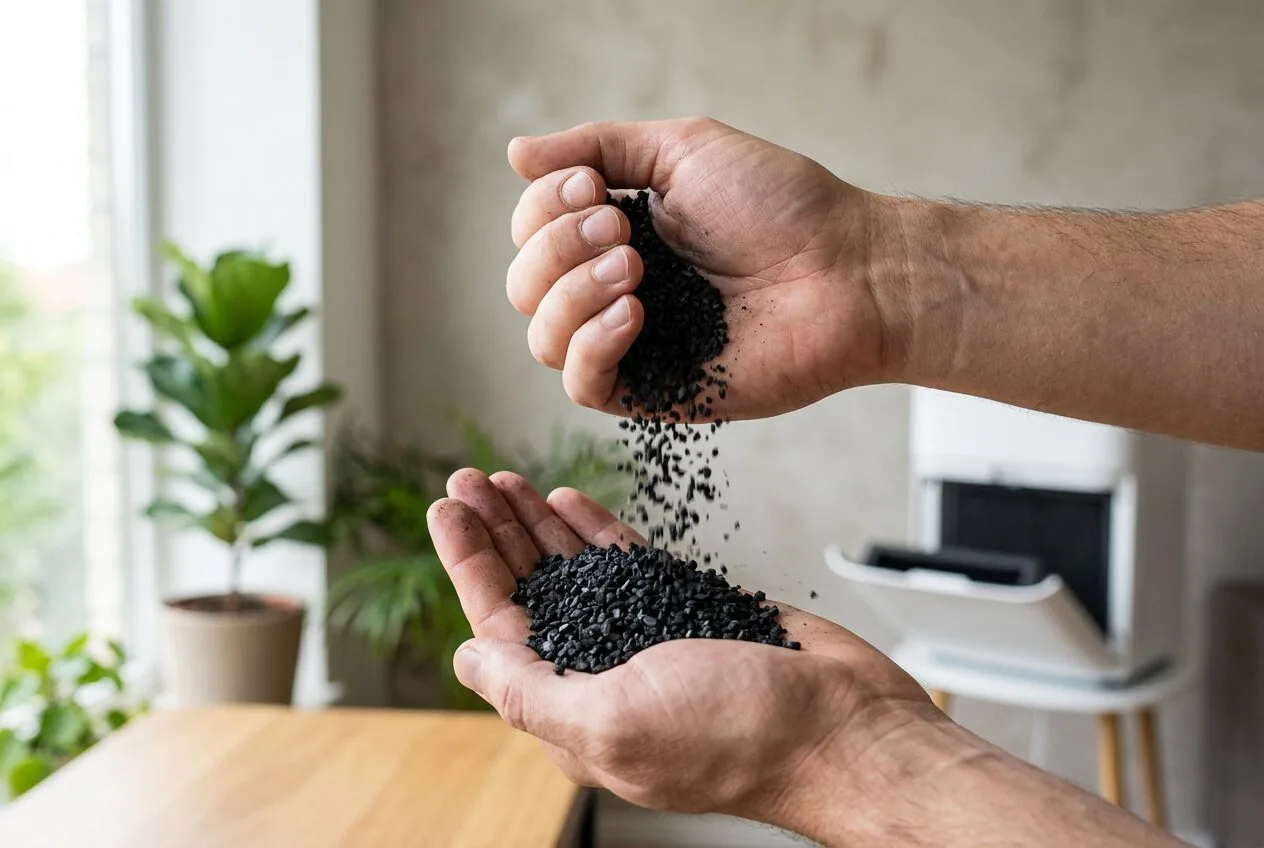 Activated carbon filter media used in air purifiers to capture paint fumes and VOCs.