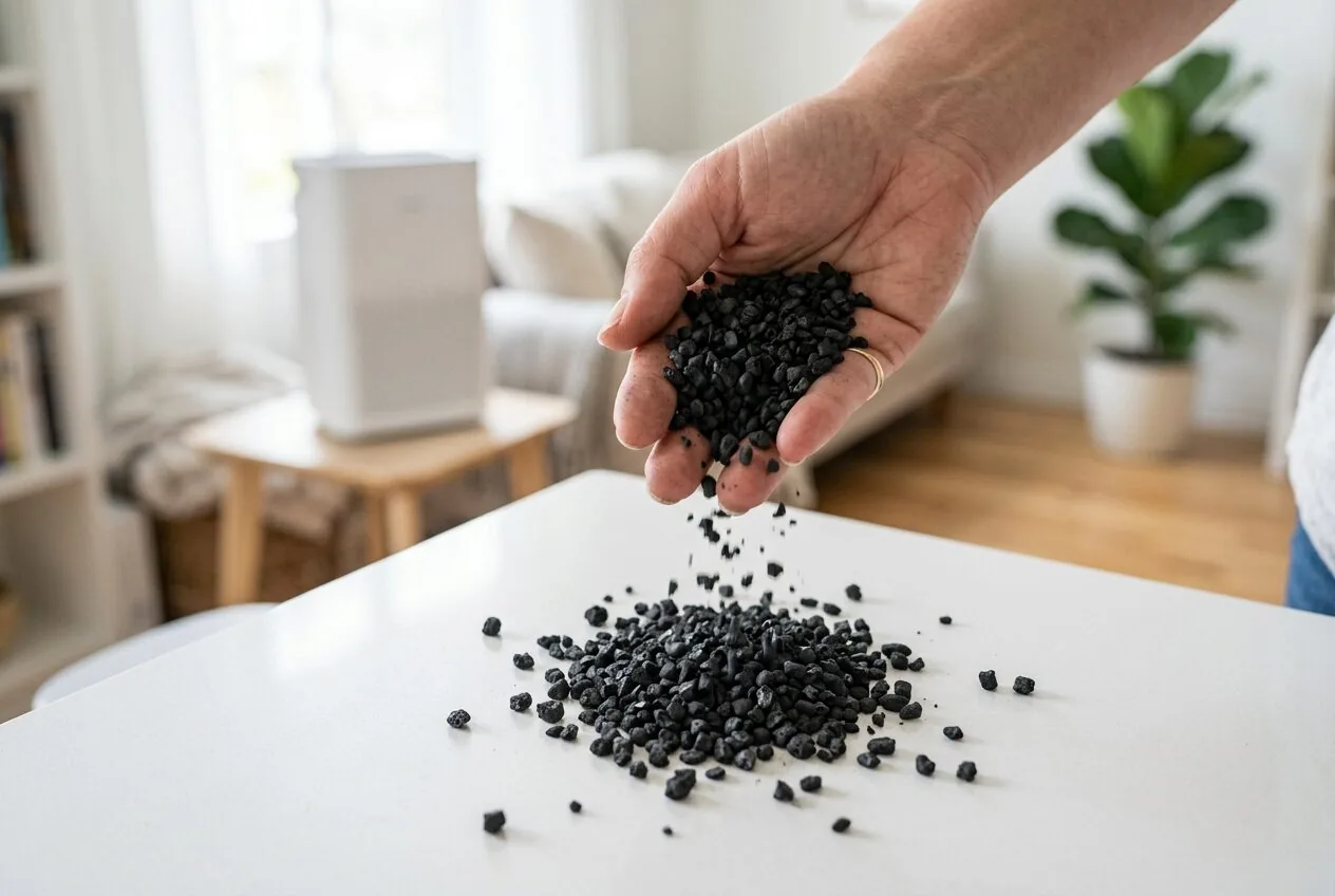 Activated carbon pellets being poured from a hand, showing their granular, porous form