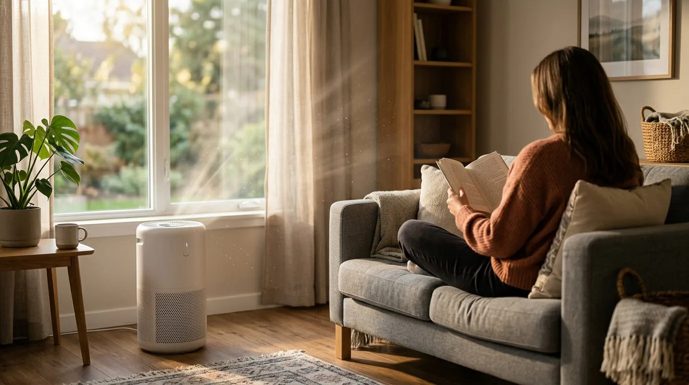 Air purifier operating in a living room during peak indoor allergy season with visible sunlight highlighting airborne particles