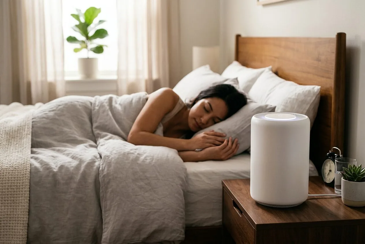 Air purifier running quietly on a nightstand next to a person sleeping peacefully in bed