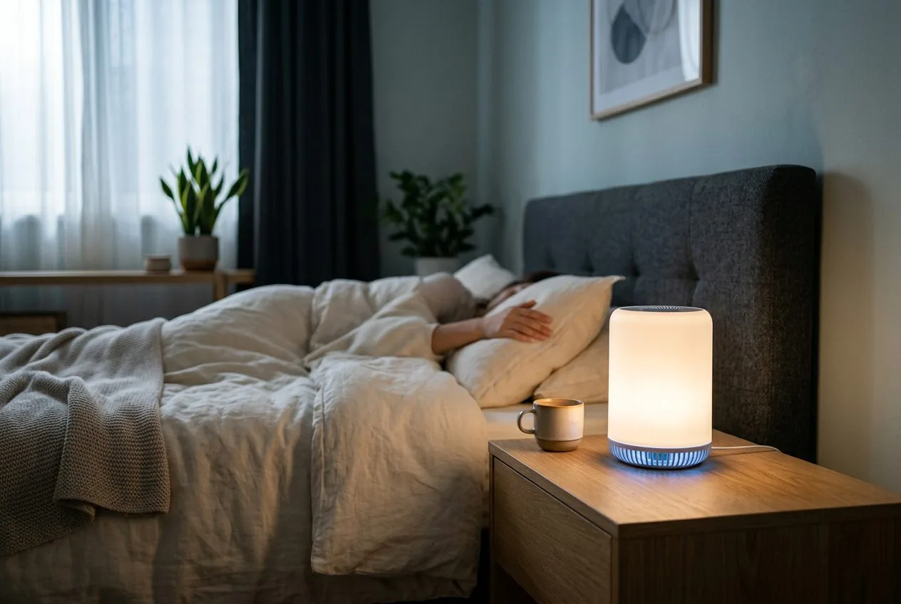 An air purifier placed for optimal airflow in a bedroom to maintain clean air and help with mold spore reduction overnight.