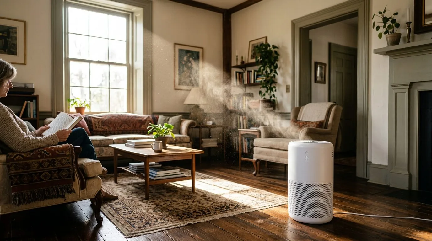 An air purifier placed in a sunny living room of an older home with wooden floors and traditional furniture.