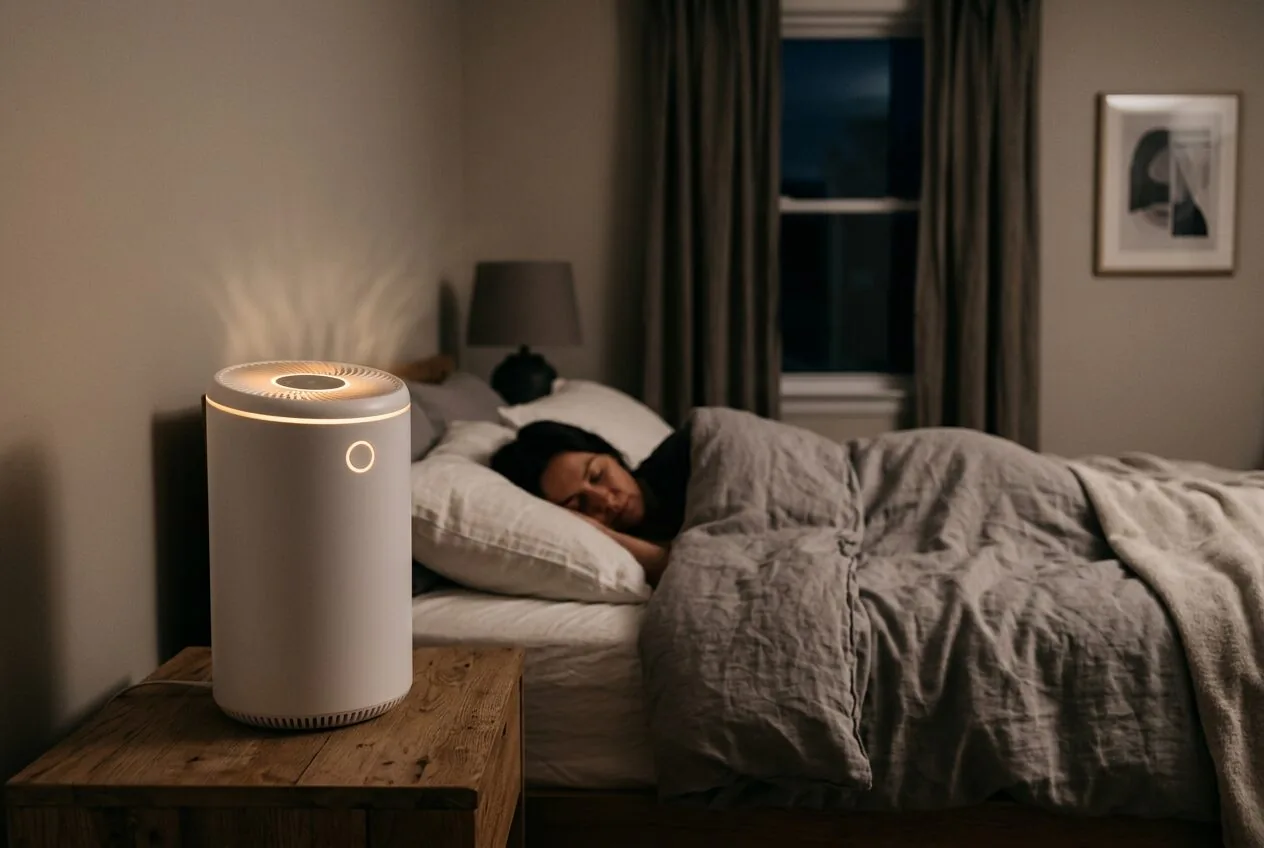 An air purifier placed optimally on a bedroom nightstand for nighttime use.