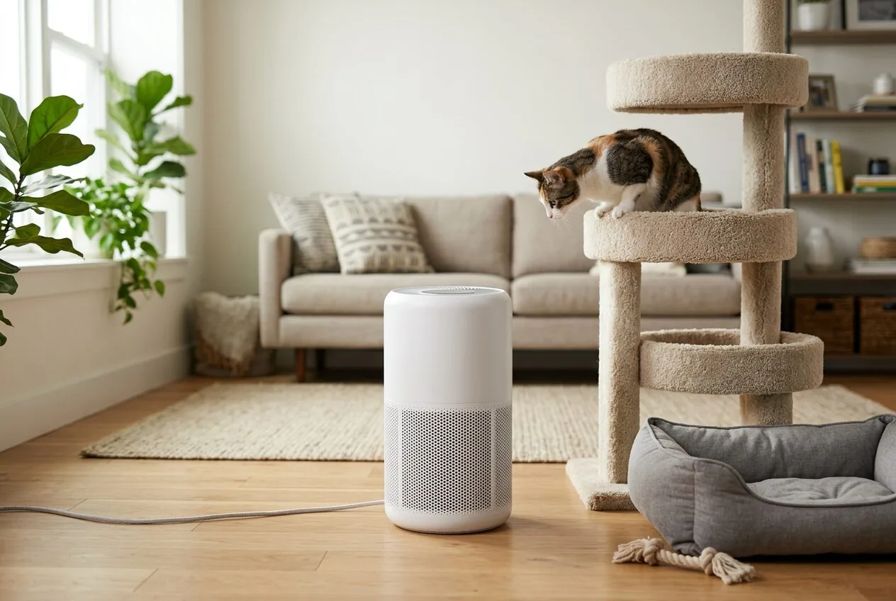 An air purifier placed strategically in a pet's primary living area for optimal air cleaning.