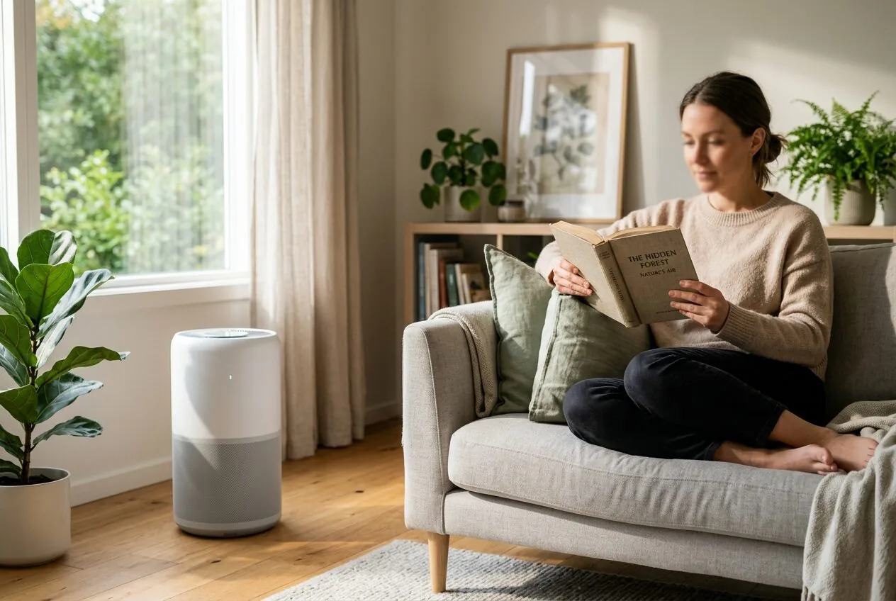 An air purifier positioned correctly in a sunny living room for whole-day allergen reduction.