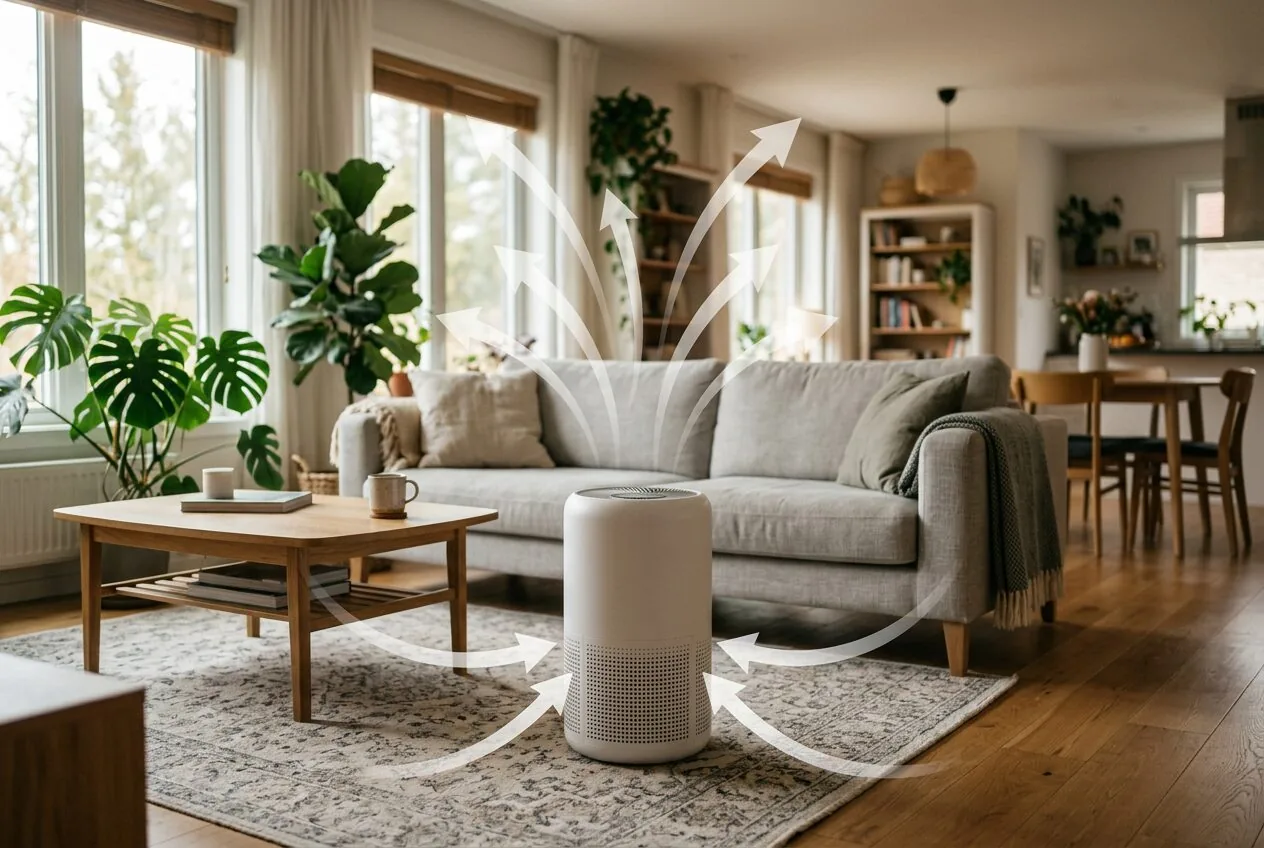 An air purifier positioned for optimal airflow in a large living room to clean the air effectively.