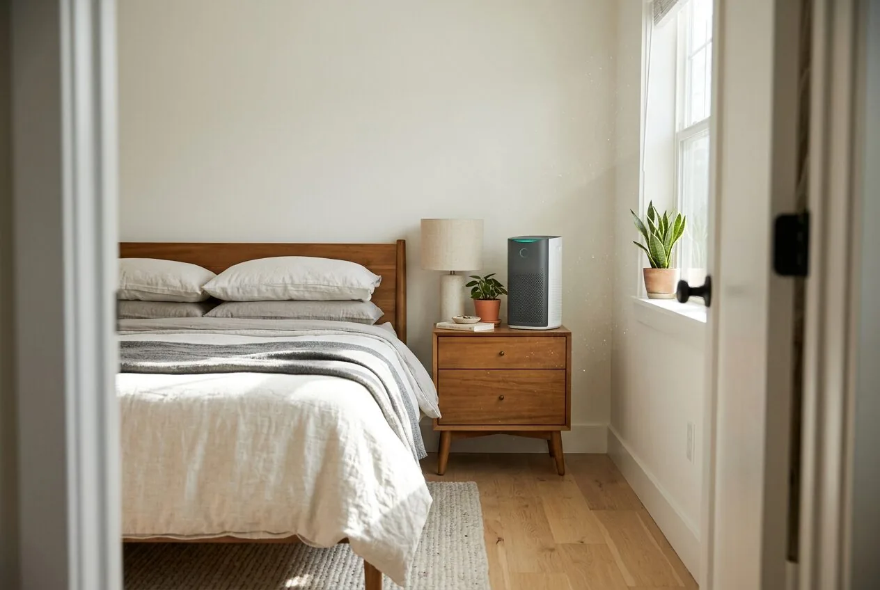 An air purifier positioned optimally in a bedroom, away from the bed but within the sleeping area.