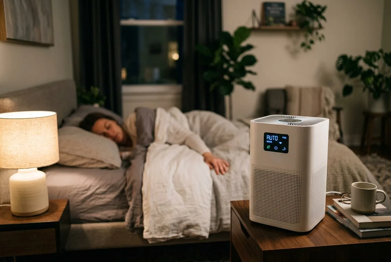 An air purifier running quietly in night mode on a bedroom floor for continuous overnight protection.