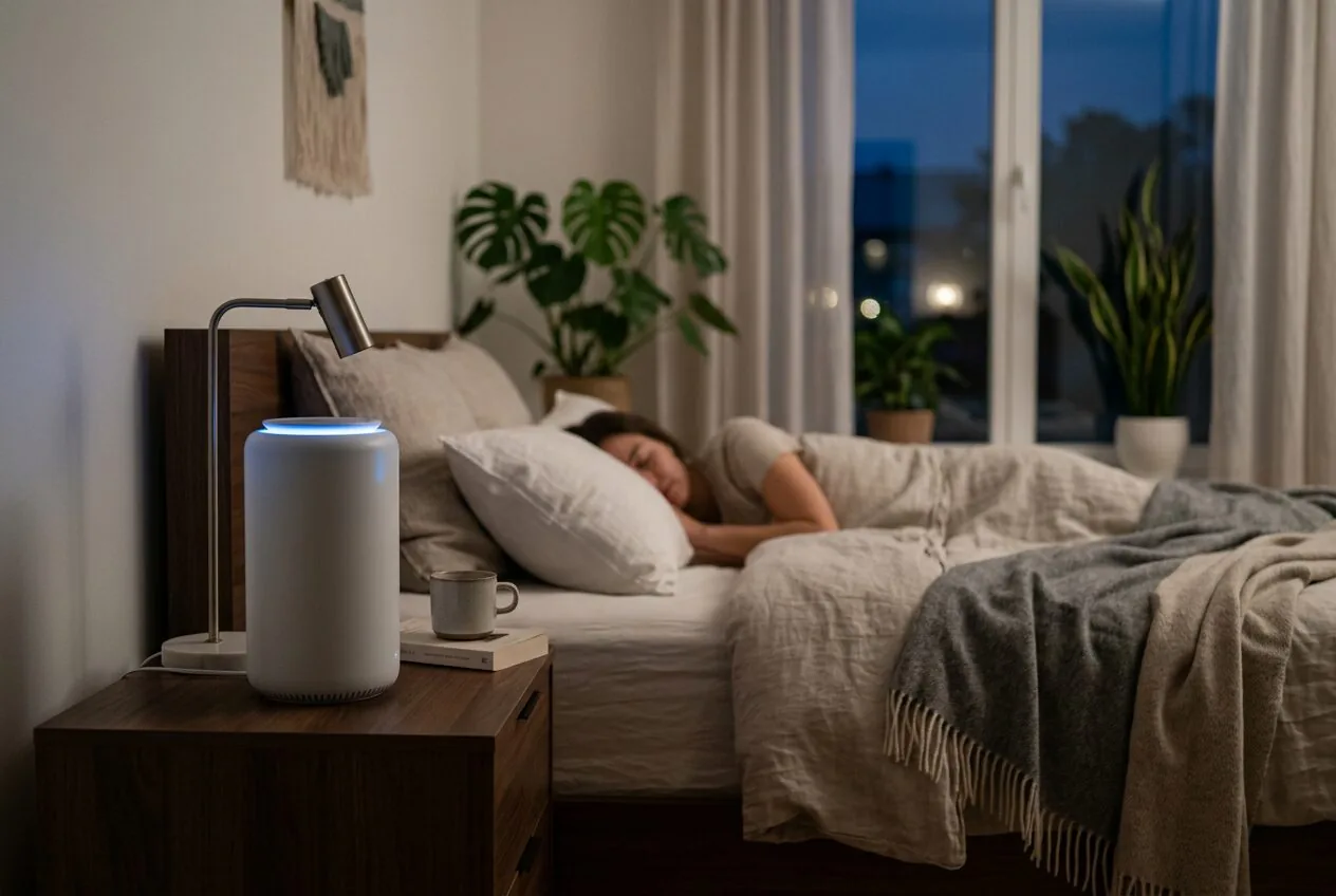 An air purifier running quietly on a bedroom nightstand in low-light conditions.
