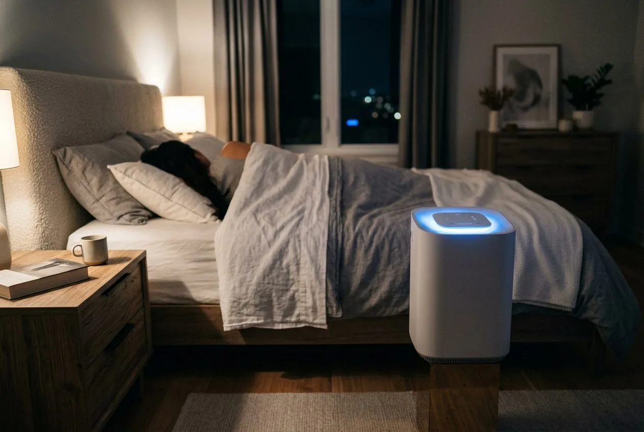 An air purifier running quietly with a soft night light in a dark bedroom.
