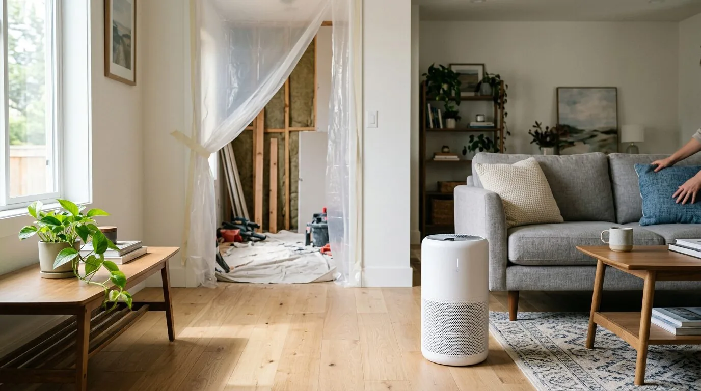 An air purifier working in a clean living area adjacent to a home renovation space sealed with plastic.