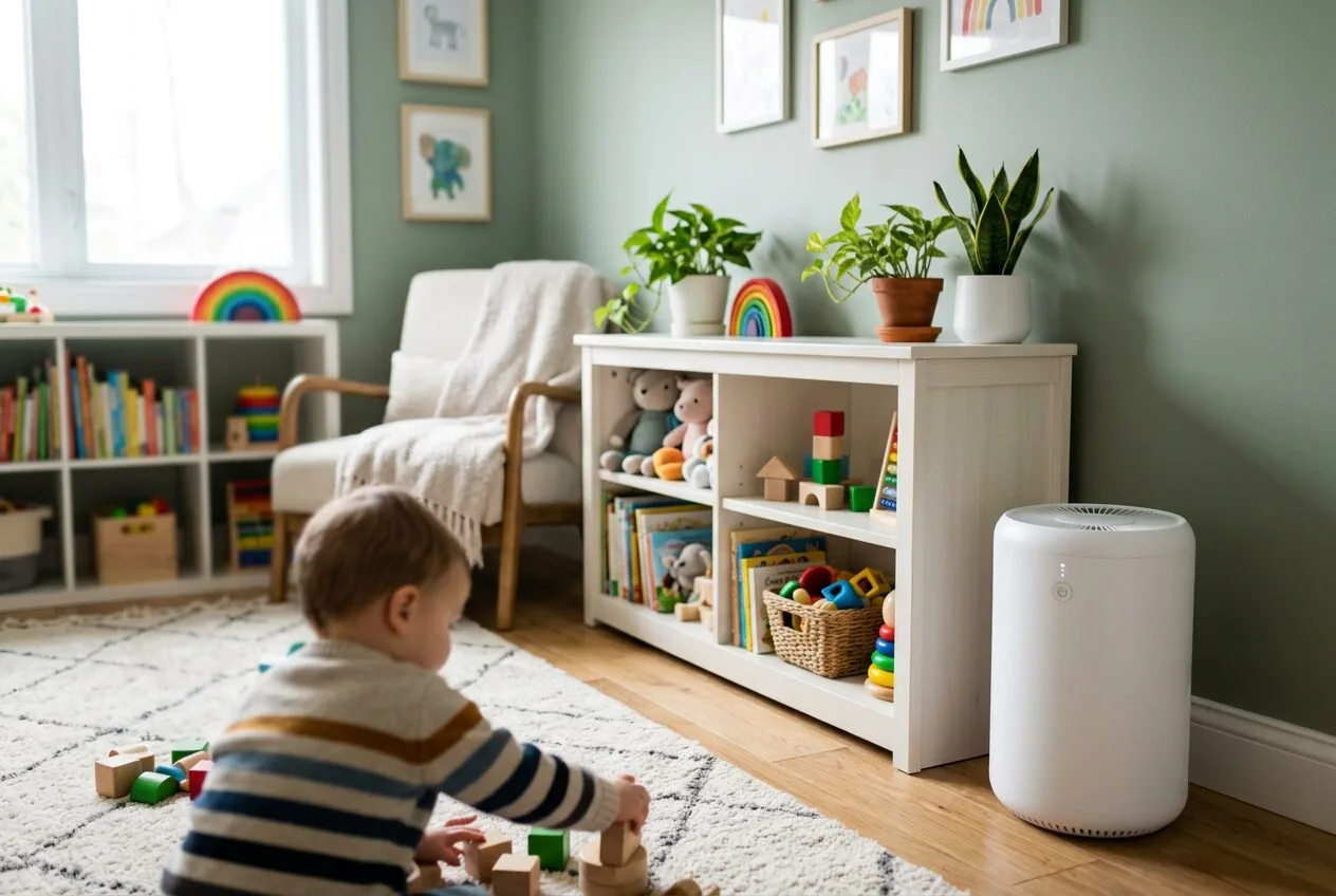 An air purifier working in a family playroom to maintain clean indoor air quality