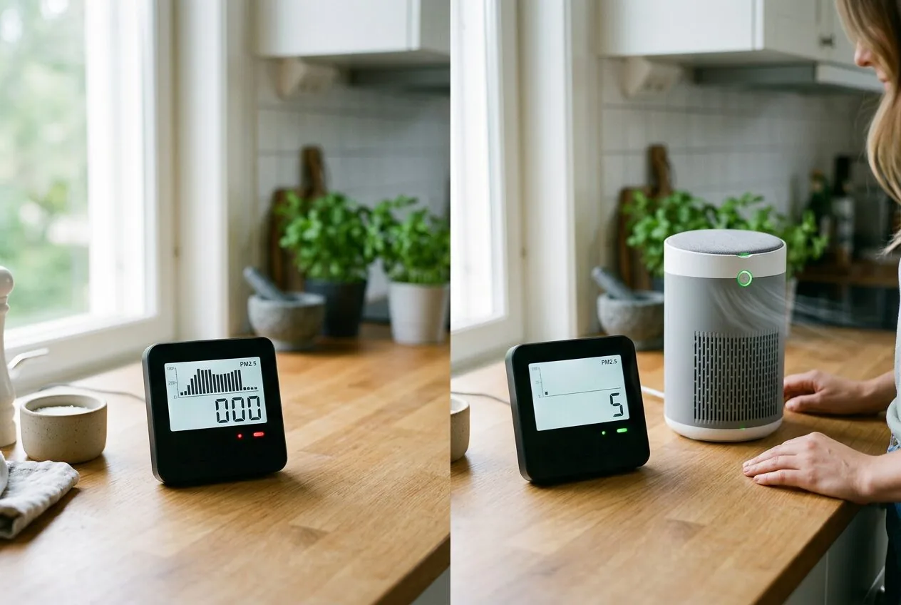 An air quality monitor showing the reduction in particle levels after an air purifier has cleaned the air.