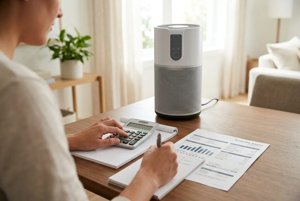 Calculating the monthly operating cost of an air purifier using simple math.