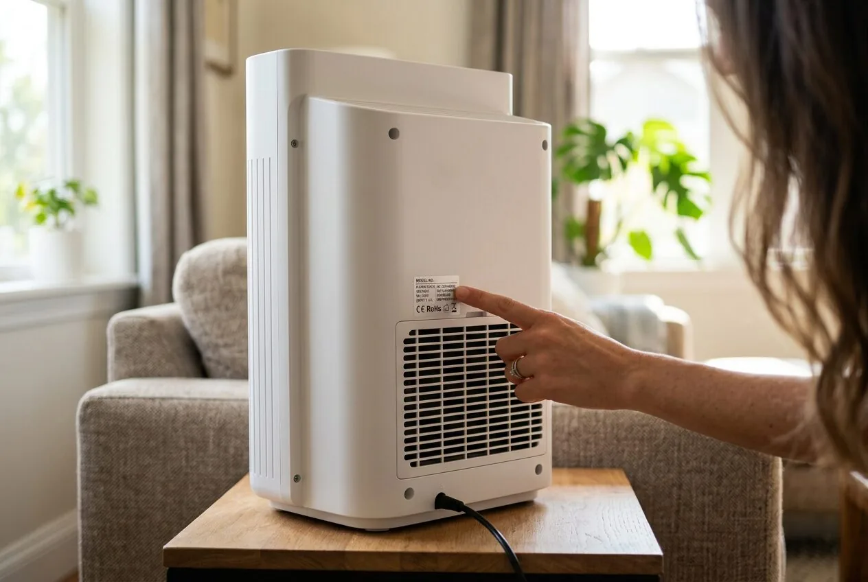 Checking the wattage rating on the label of a home air purifier.