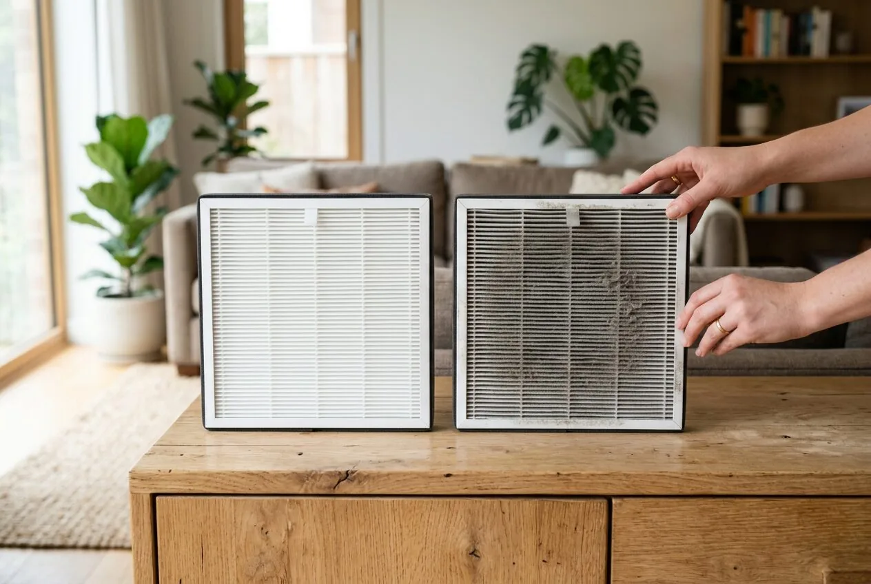 Clean versus dirty air purifier filter showing the importance of maintenance for efficiency.