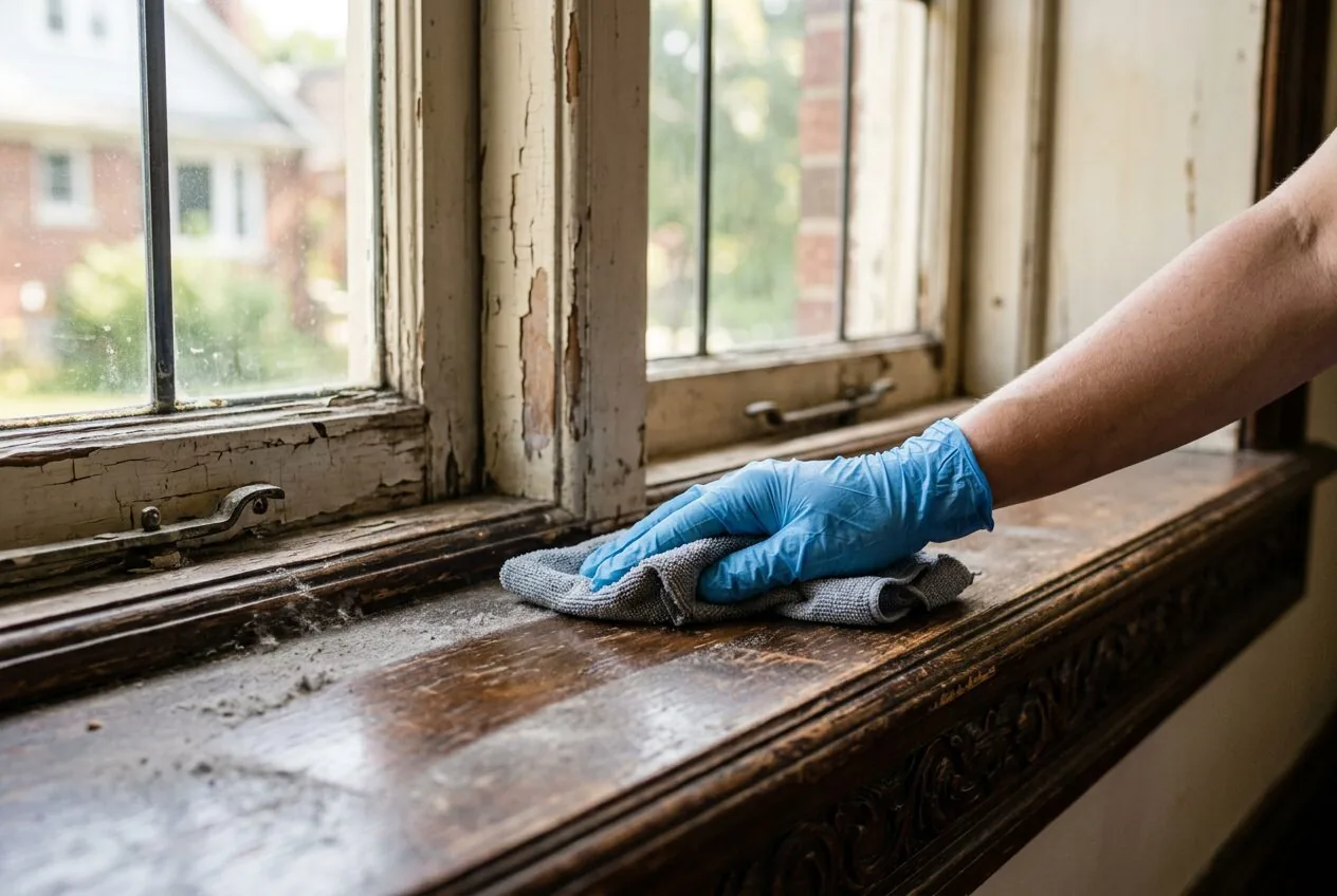 Cleaning dust from a detailed windowsill in an older home, highlighting legacy dust concerns.