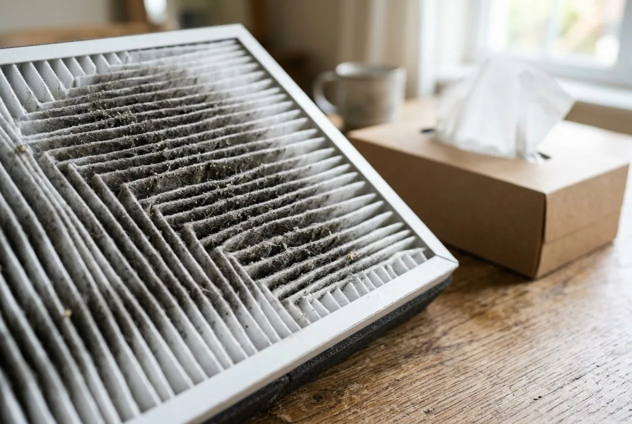 Close-up of a dirty HEPA filter capturing allergens like dust and pollen