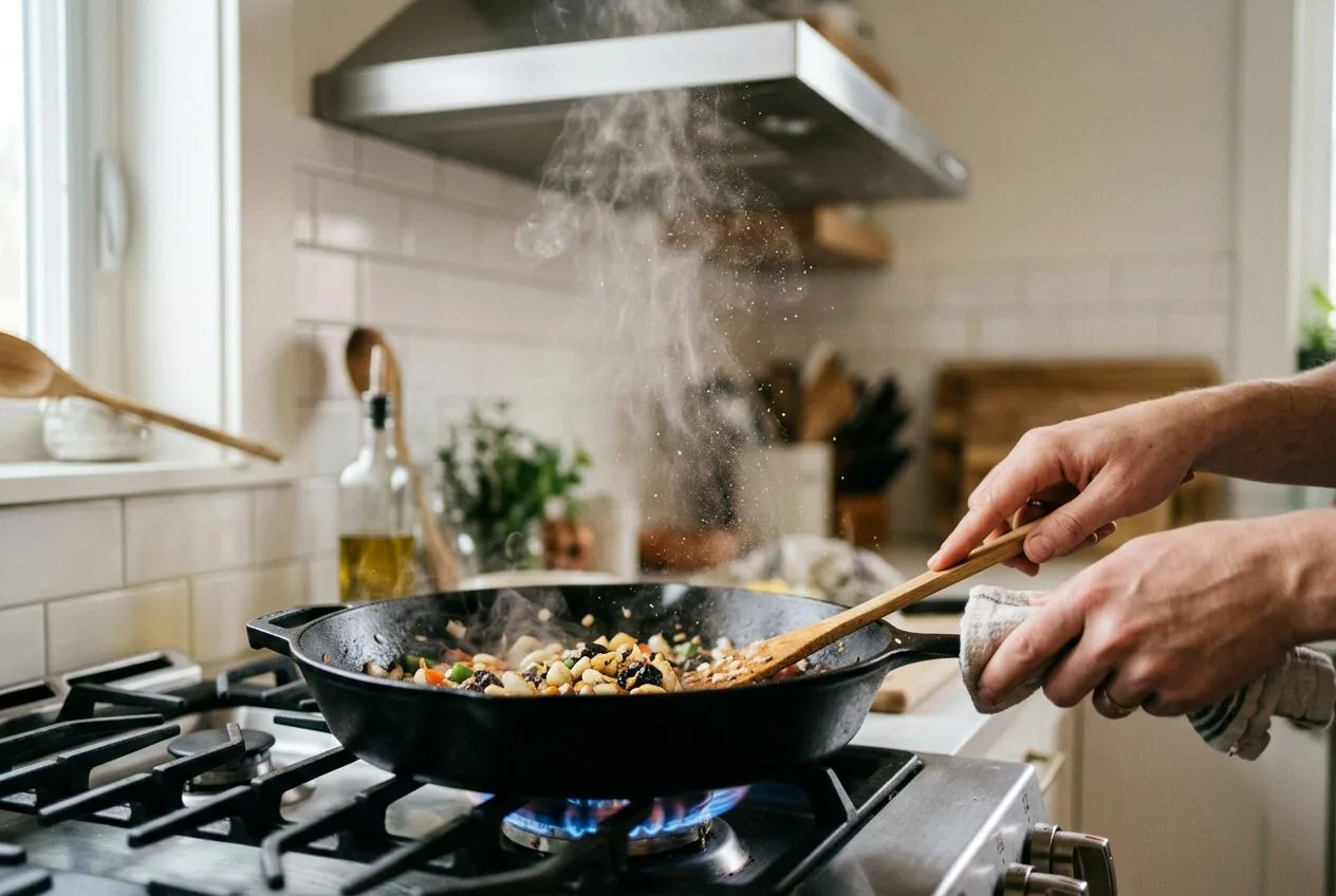 Close-up of a gas stove in use, showing the heat and particulate matter released during cooking.