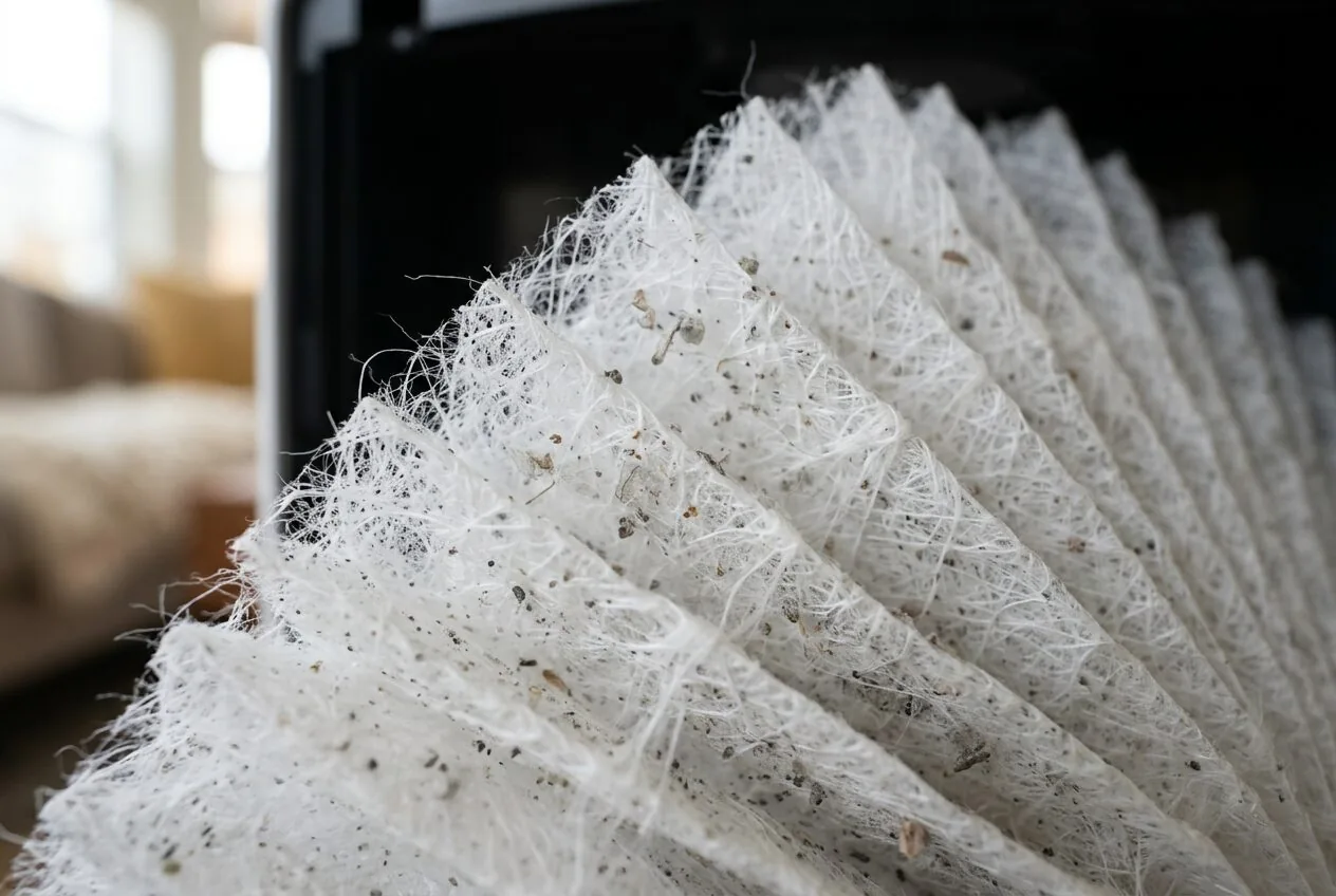 Close-up of a HEPA filter trapping microscopic dust and allergen particles.