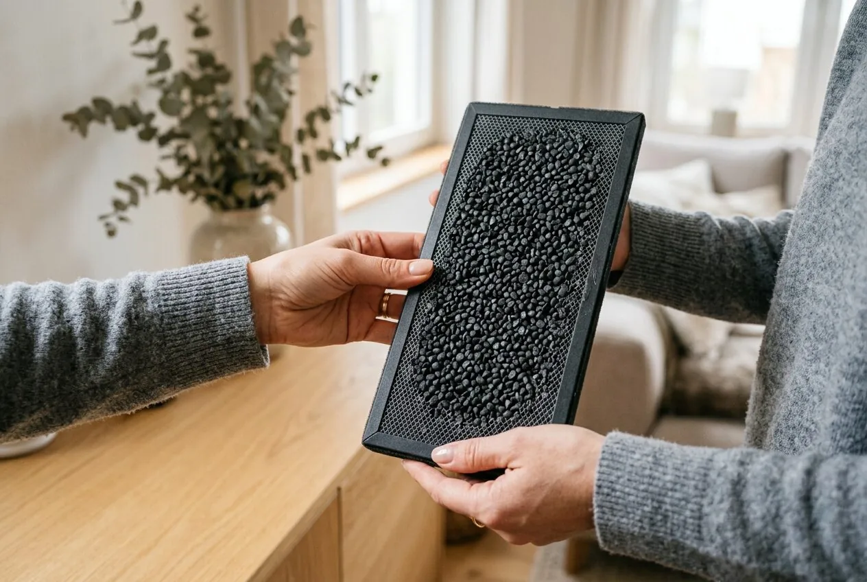 Close-up view of a granular activated carbon filter used in air purifiers for adsorbing odors.