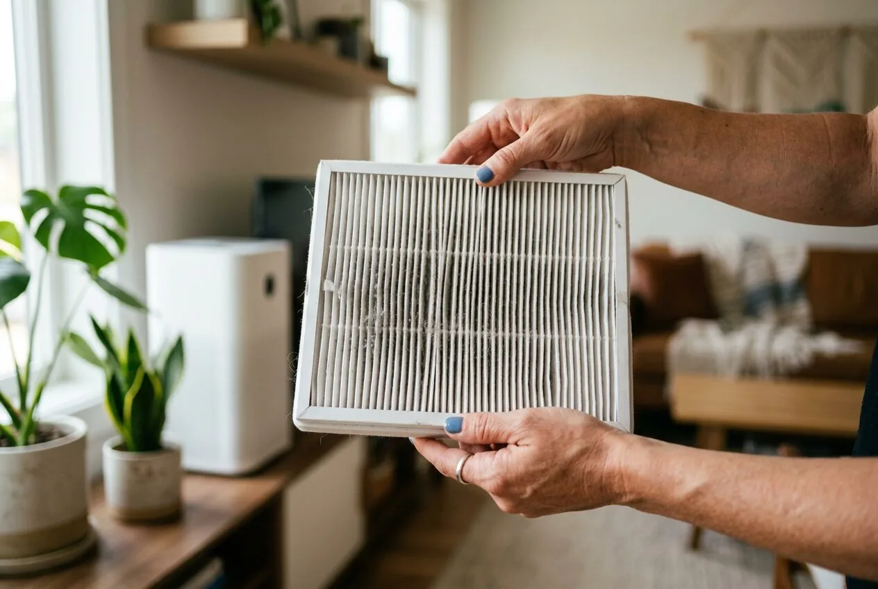 Close-up view of a HEPA air filter capturing fine dust and particulate pollutants.