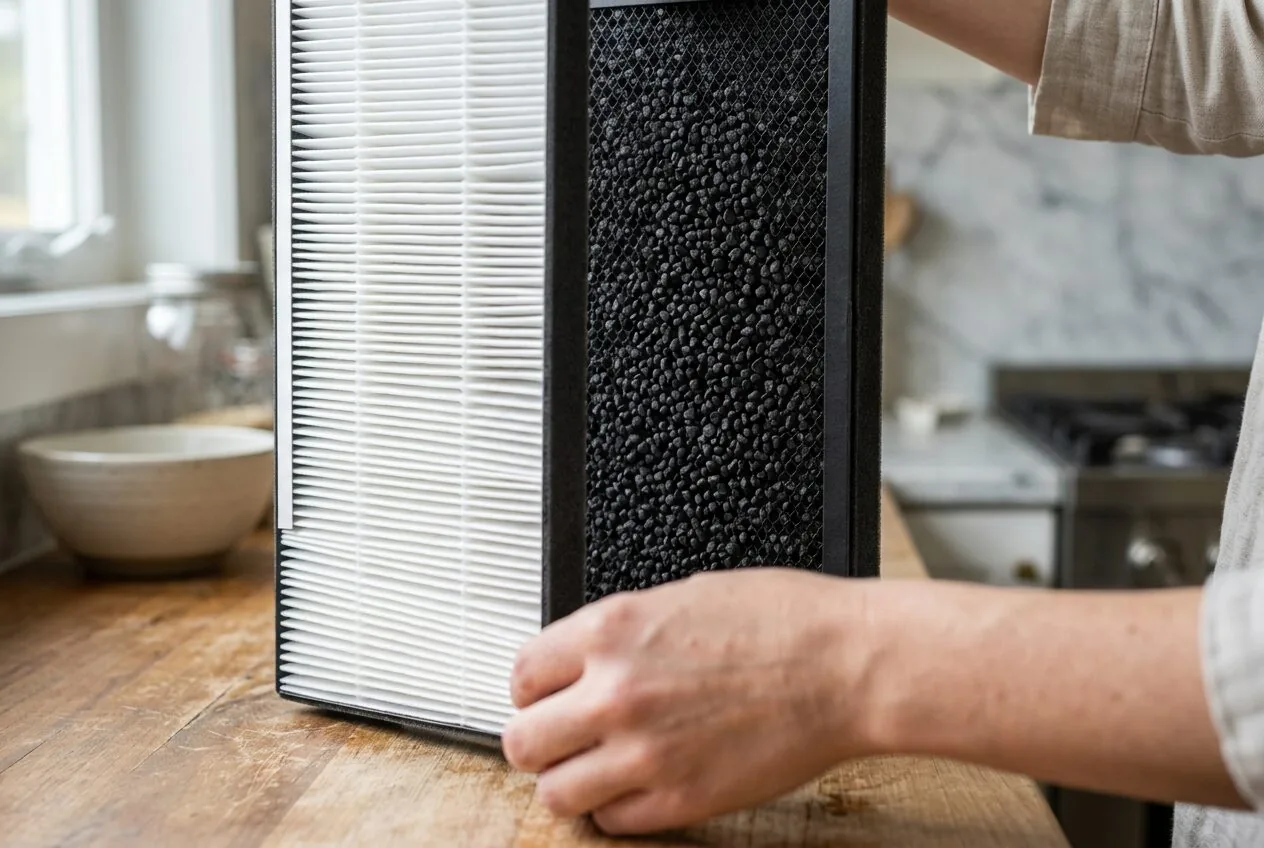 Close-up view of a HEPA filter and activated carbon filter inside an air purifier.