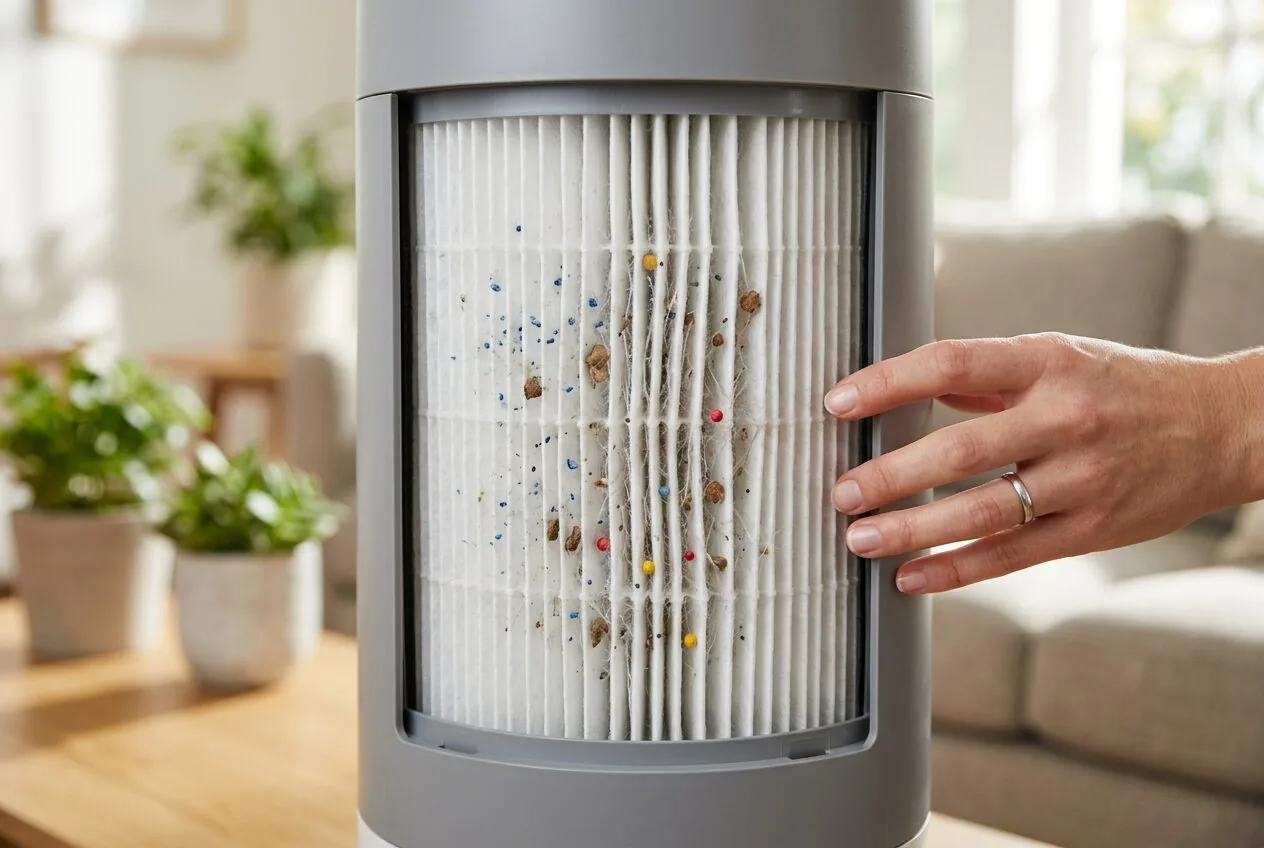 Close-up view of a HEPA filter material trapping small particles to clean the air.