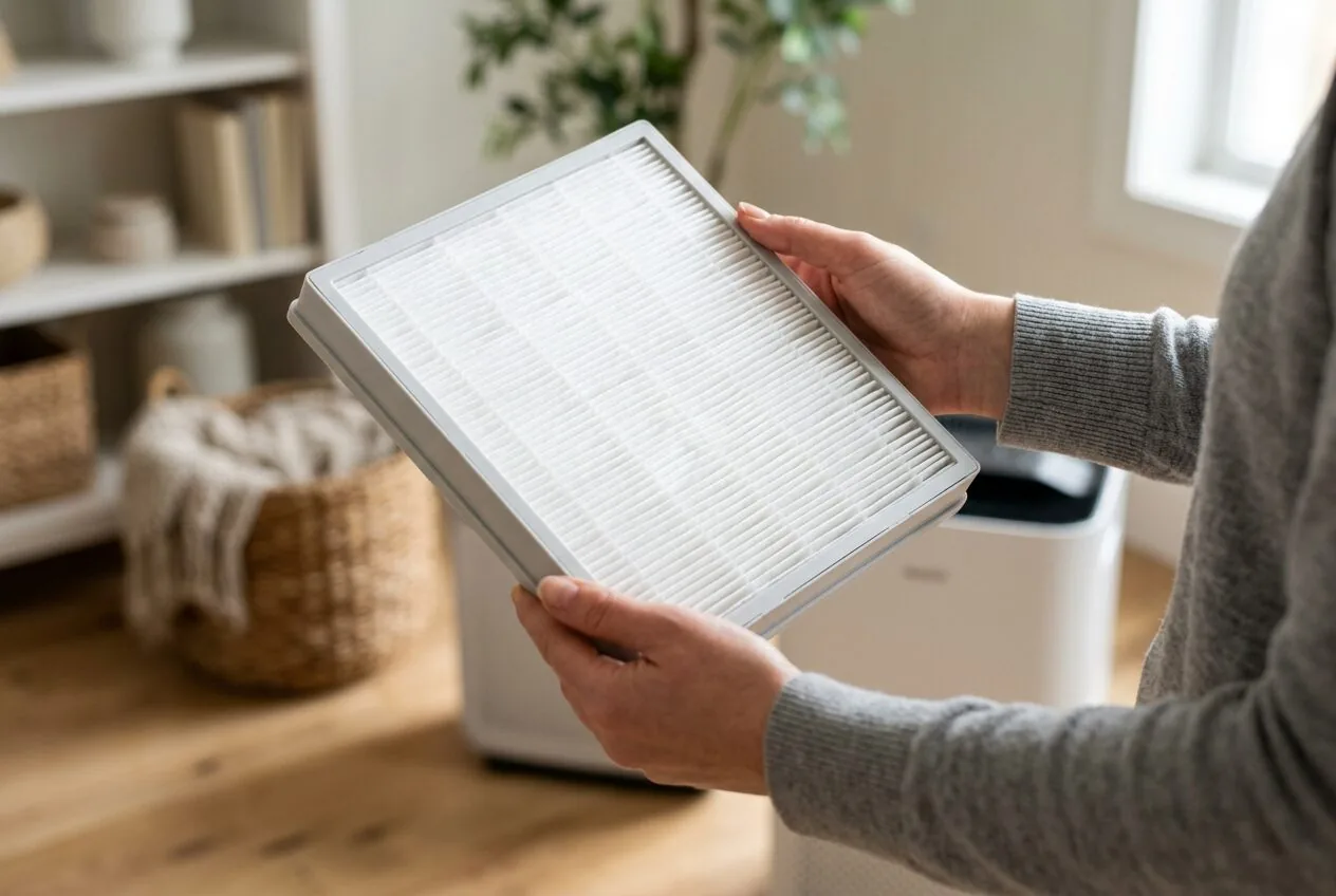 Close-up view of a person holding a new pleated white HEPA air filter.