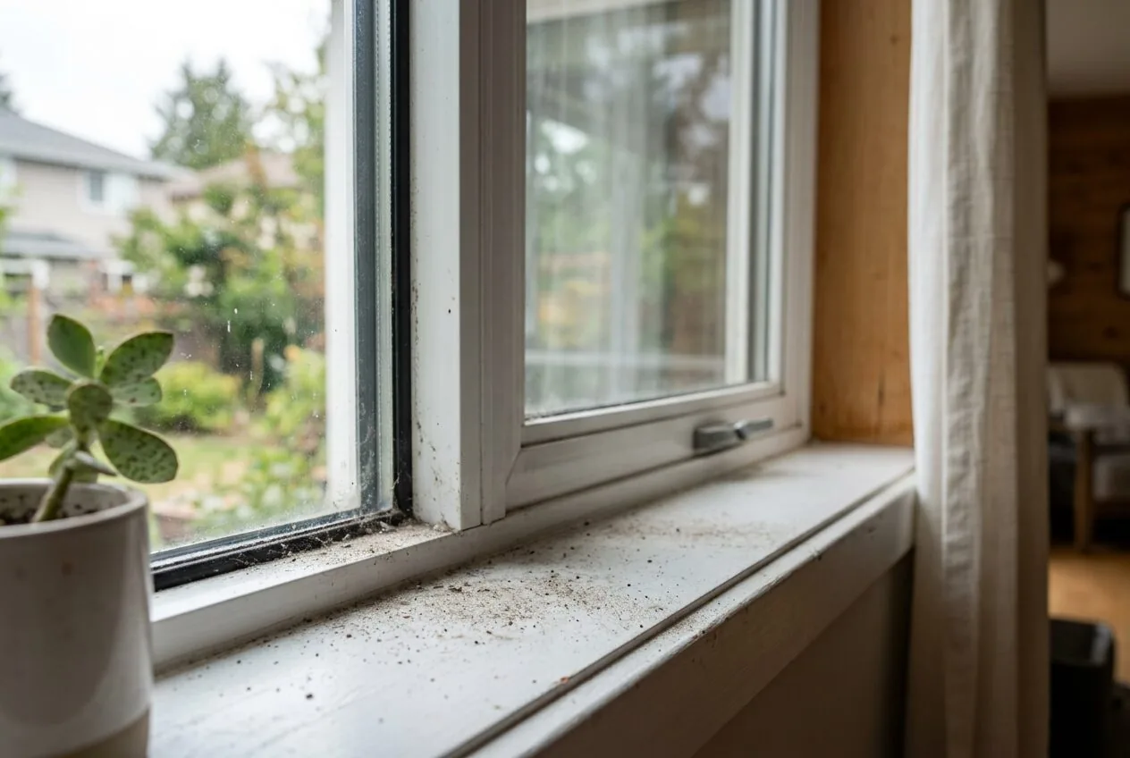 Close-up view of a sealed window frame with dust accumulation on the inside sill.
