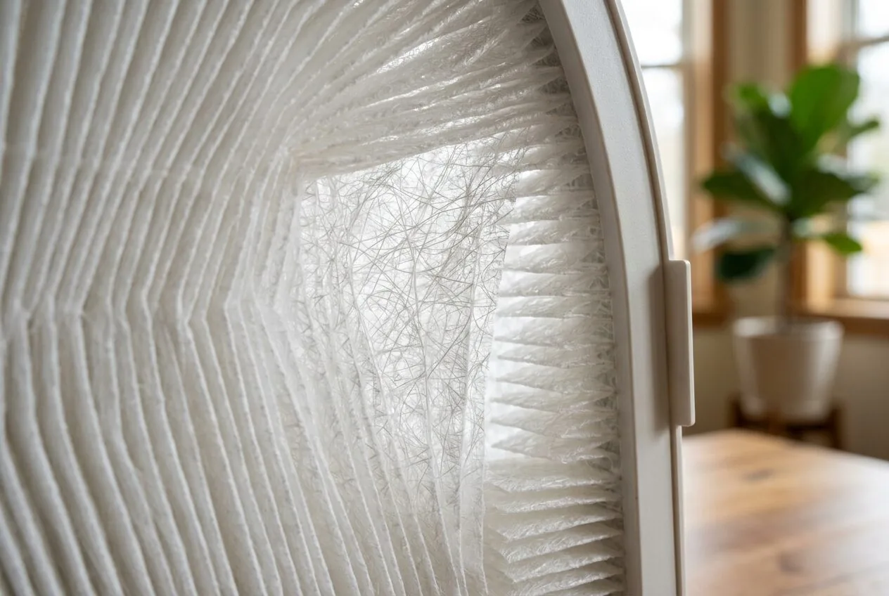 Close-up view of the dense fibers of a HEPA filter, which physically trap airborne bacteria and particles.