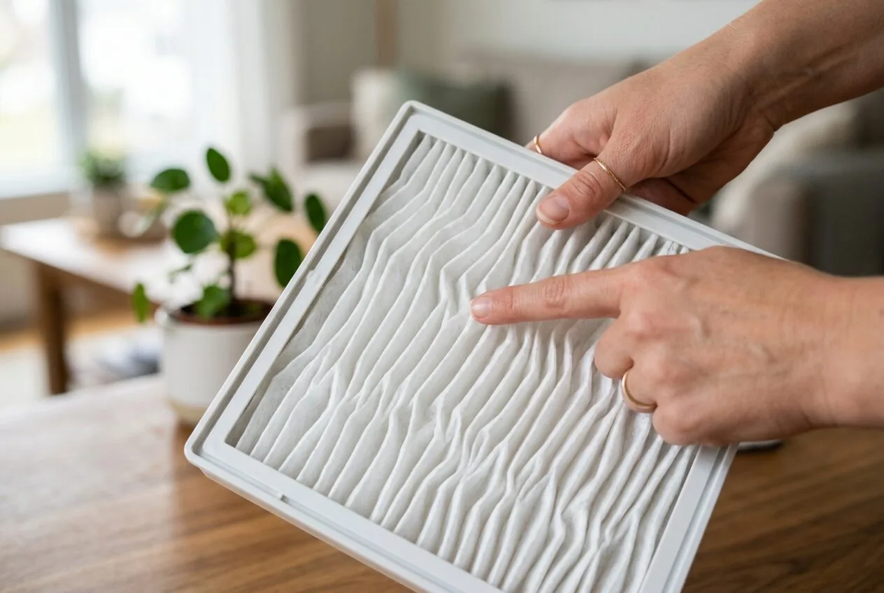 Close-up view of the intricate folds of a white HEPA air purifier filter.