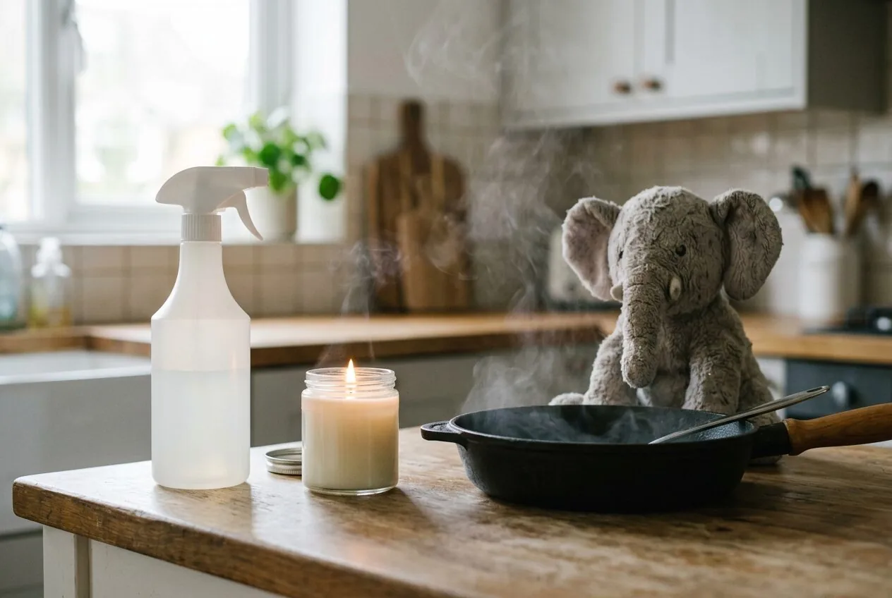 Common household items like cleaners, a candle, and a pan that contribute to indoor air pollution.