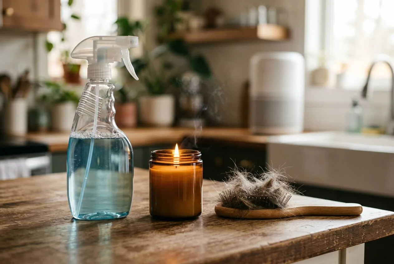 Common household items like cleaning sprays and pet brushes that release everyday pollutants into indoor air.