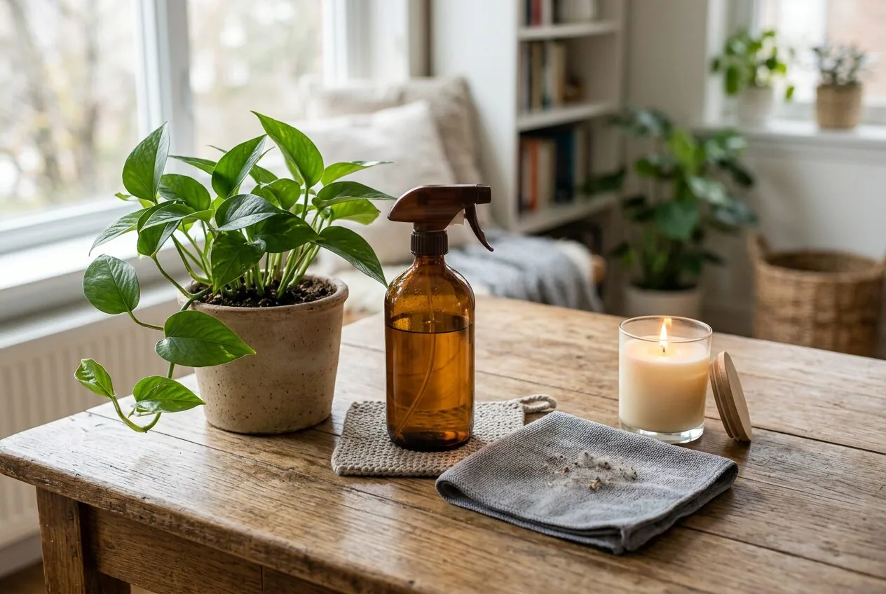 Common household items that can impact indoor air quality, including plants, cleaners, and dust.