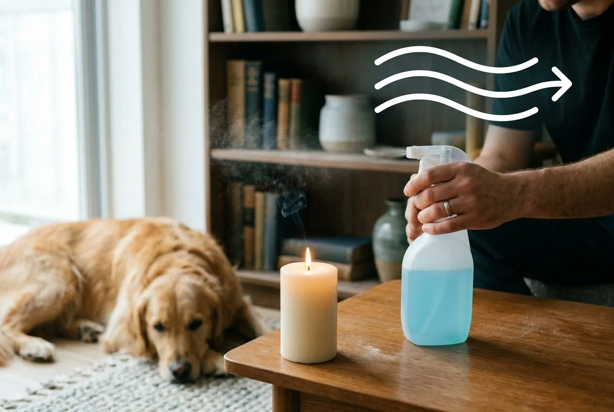 Common sources of indoor air pollutants like pets, dust, candles, and cleaning products.
