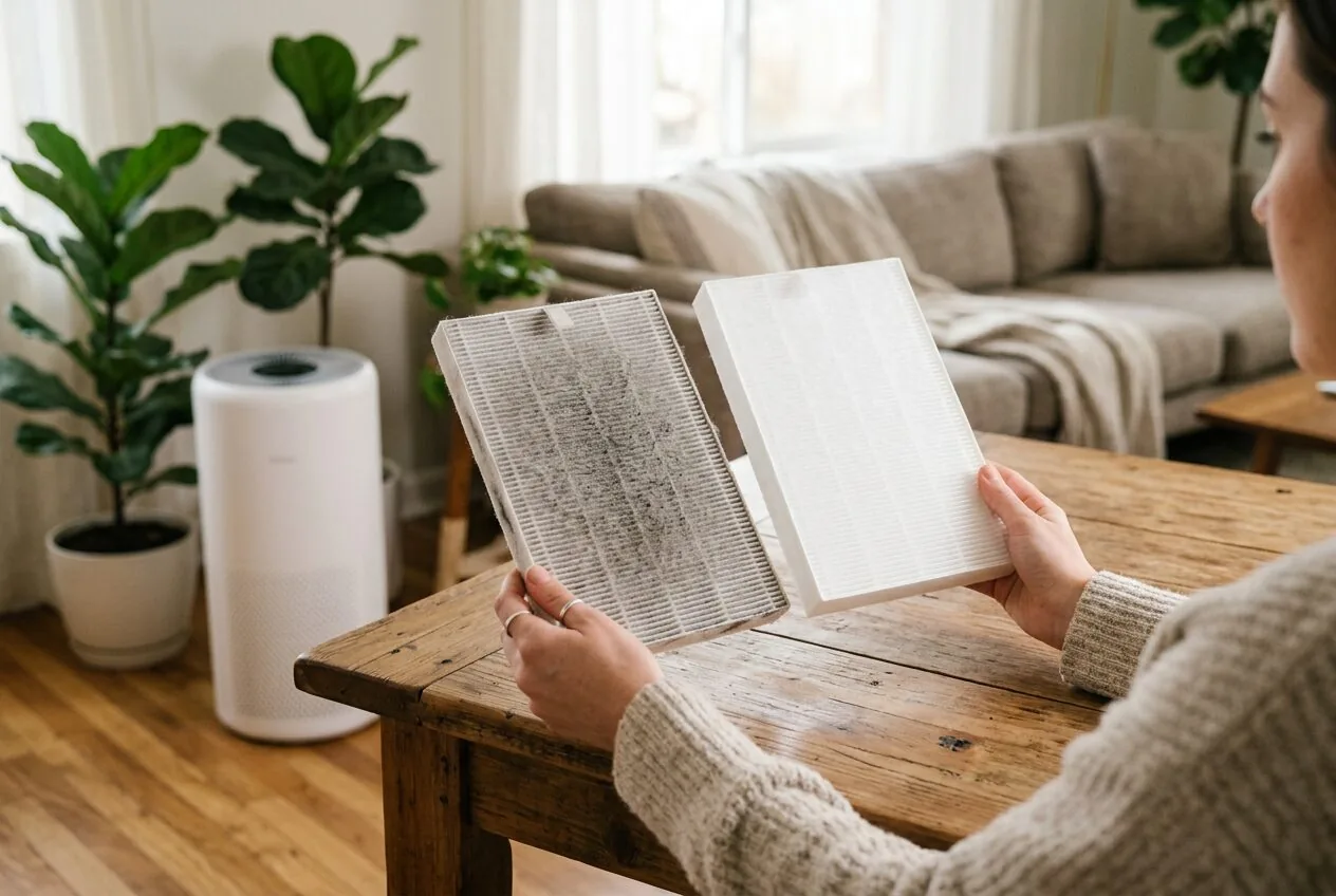 Comparing a used air filter with a fresh replacement filter to highlight the importance of maintenance.
