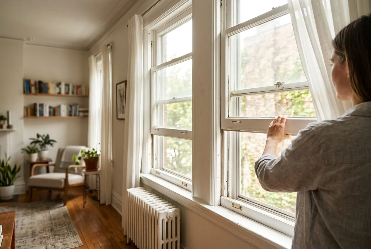 Cross-ventilation created by opening windows in a high-ceilinged room of a historic house.