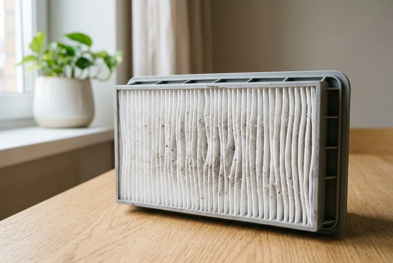 Detailed view of a white HEPA air filter showing its fine pleats designed to capture microscopic allergens