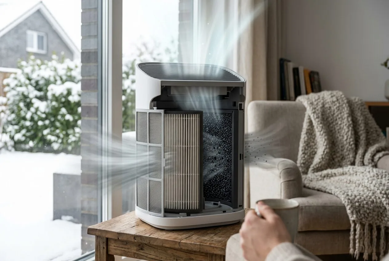 Diagram illustrating how a multi-stage air purifier filters winter pollutants like dust, dander, and gases.