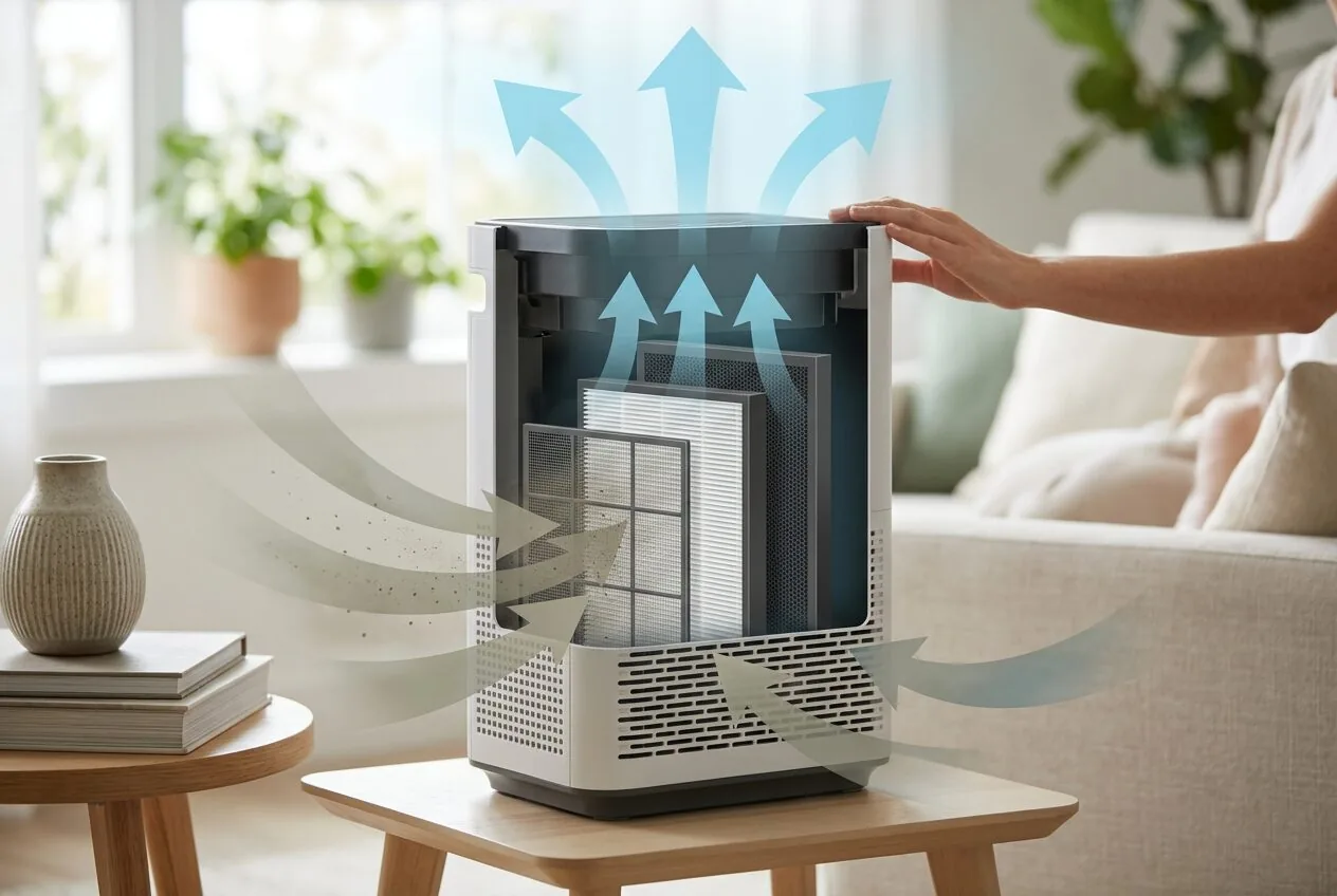 Diagram illustrating how multi-stage filtration in an air purifier cleans indoor air.
