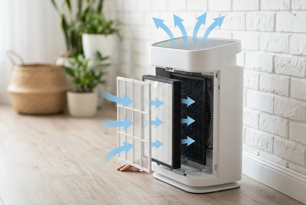 Diagram illustrating the multi-stage filtration process inside a typical air purifier.