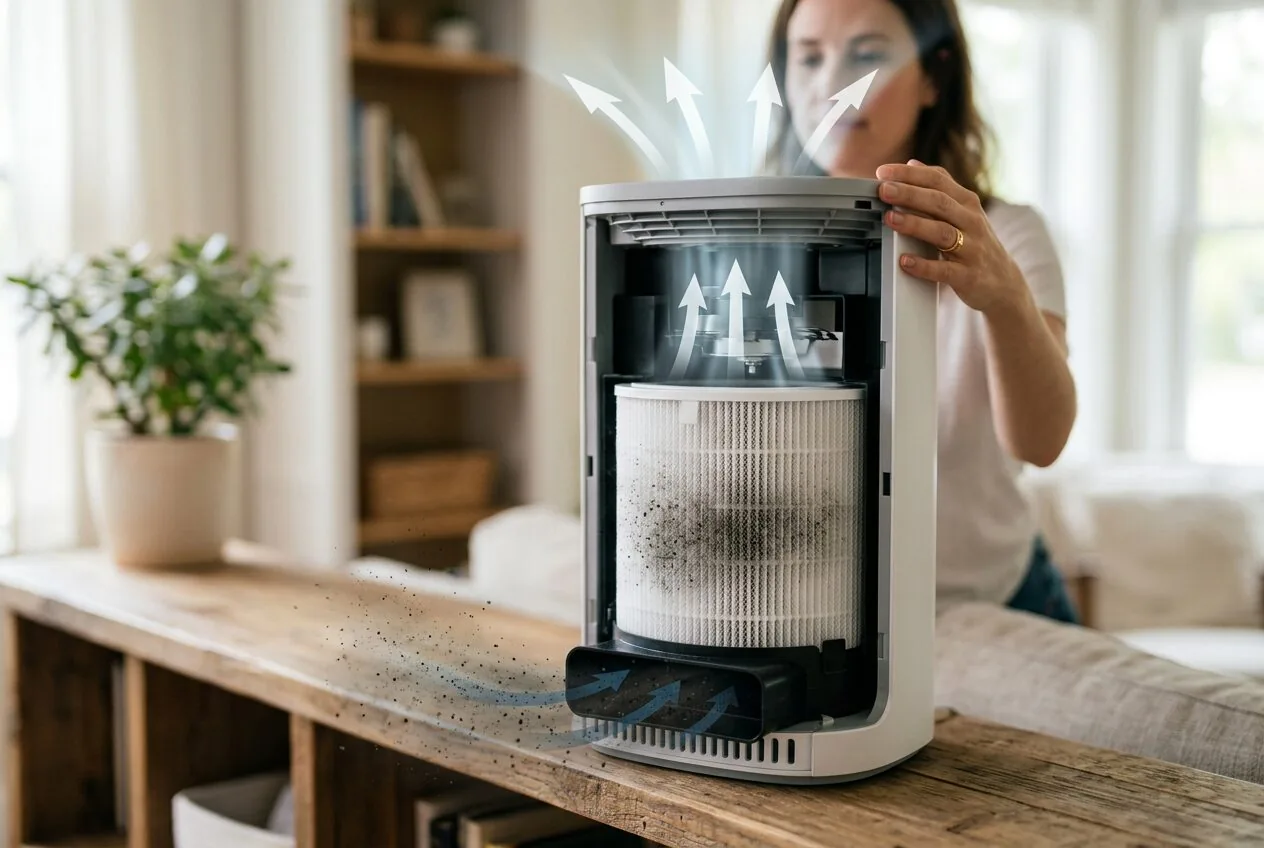 Diagram-like close-up showing how an air purifier pulls in and filters airborne contaminants through a HEPA filter.