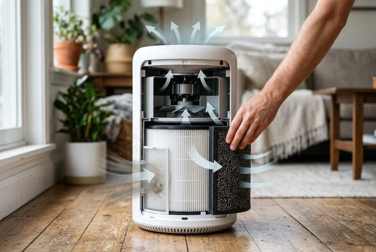 Diagram-like view showing how air flows through the different filter stages inside a modern air purifier.